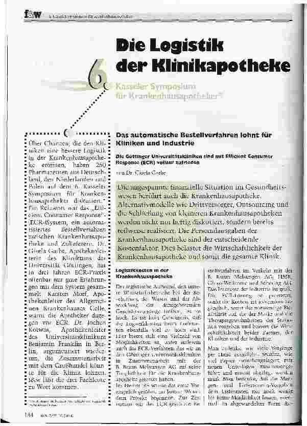 Vorschauseite 1: Die Logistik der Klinikapotheke 6. Kasseler Symposium für Krankenhausapotheker