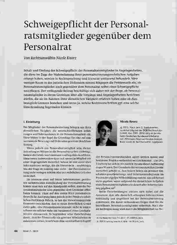 Vorschauseite 1: Schweigepflicht der Personalratsmitglieder gegenüber dem Personalrat