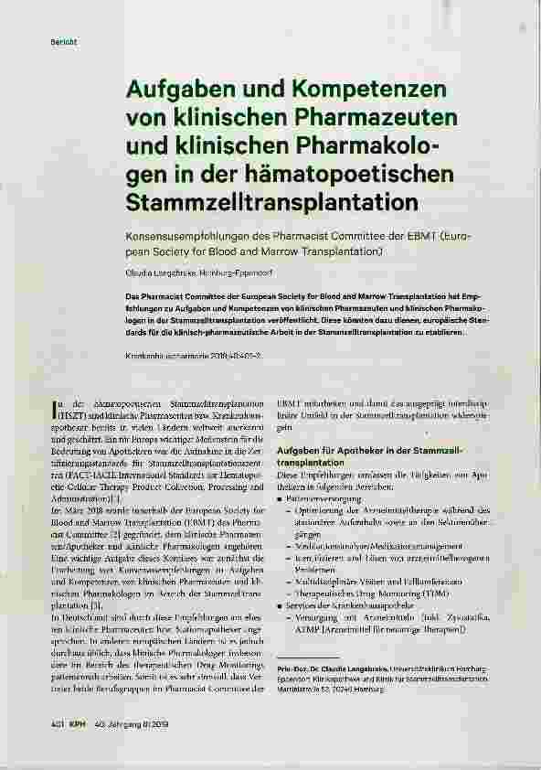 Vorschauseite 1: Aufgaben und Kompetenzen von klinischen Pharmazeuten und klinischen Pharmakologen in der hämatopoetischen Stammzelltransplantation