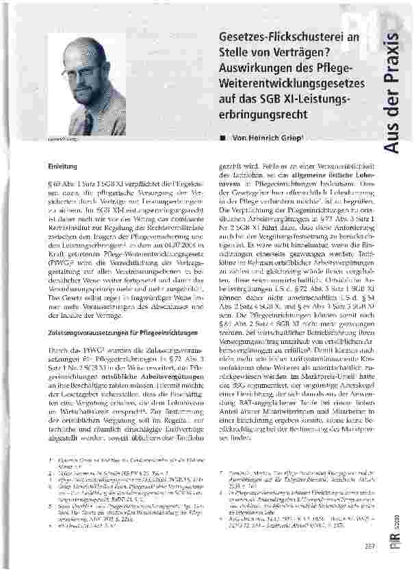 Vorschauseite 1: Gesetzes-Flickschusterei an Stelle von Verträgen? Auswirkungen des Pflege-Weiterentwicklungsgesetzes auf das SGB XI-Leistungserbringungsrecht
