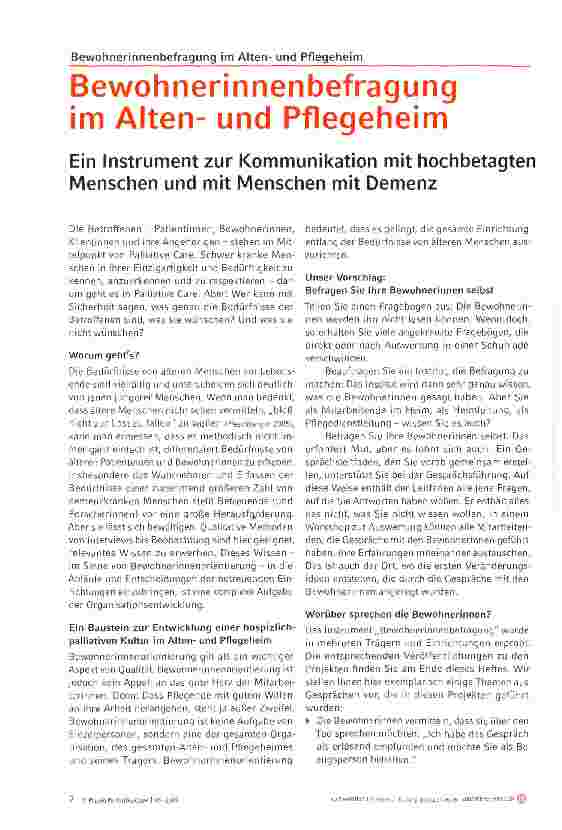 Vorschauseite 1: Bewohnerinnenbefragung im Altenund Pflegeheim