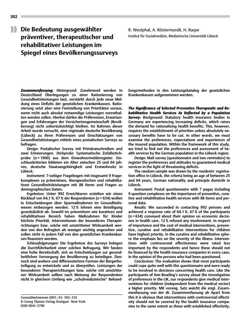 Vorschauseite 1: Die Bedeutung ausgewählter präventiver, therapeutischer und rehabilitativer Leistungen im Spiegel eines Bevölkerungssurveys