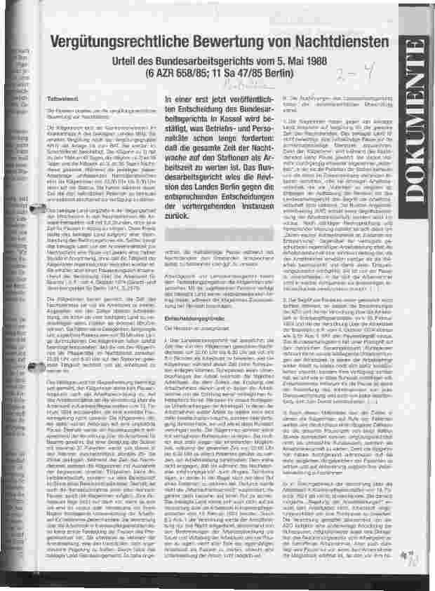 Vorschauseite 1: Vergütungsrechtliche Bewertung von Nachtdiensten Urteil des Bundesarbeitsgerichtes vom 5. Mai 1988