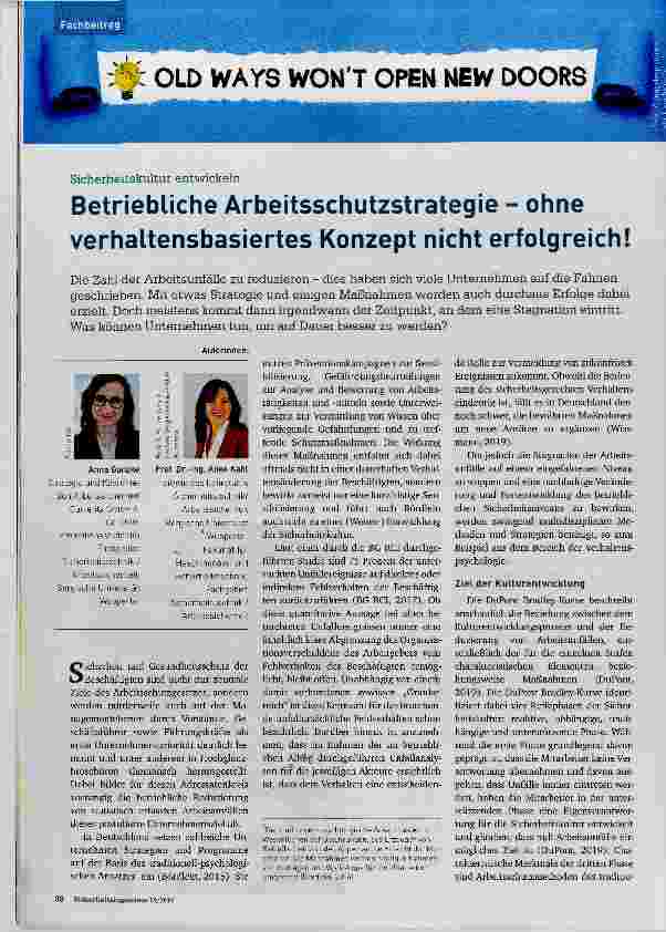 Vorschauseite 1: Betriebliche Arbeitsschutzstrategie ohne verhaltensbasiertes Konzept nicht erfolgreich!