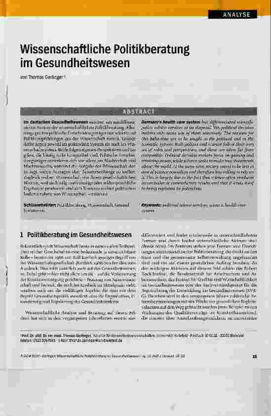 Vorschauseite 1: Wissenschaftliche Politikberatung im Gesundheitswesen