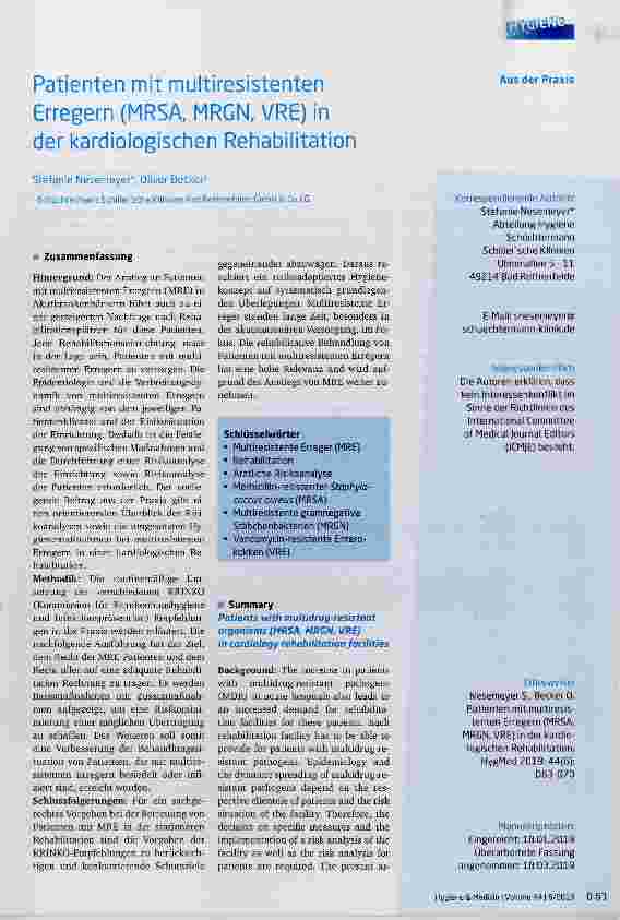 Vorschauseite 1: Patienten mit multiresistenten Erregern (MRSA, MRGN, VRE) in der kardiologischen Rehabilitation