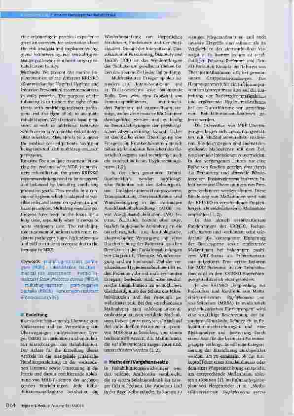 Vorschauseite 2: Patienten mit multiresistenten Erregern (MRSA, MRGN, VRE) in der kardiologischen Rehabilitation