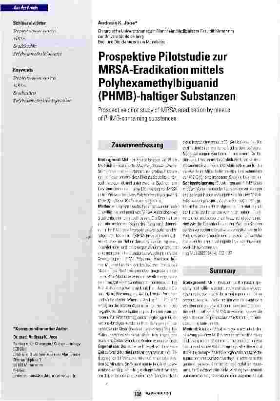 Vorschauseite 1: Prospektive Pilotstudie zur MRSA-Eradikation mittels Polyhexamethylbiguanid (PHMB)-haltiger Substanzen