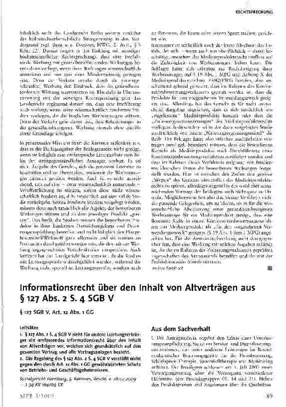 Vorschauseite 1: Informationsrecht über den Inhalt von Altverträgen aus § 127 Abs. 2 S. 4 SGB V§ 127 SGB V, Art. 12 Abs. i GG