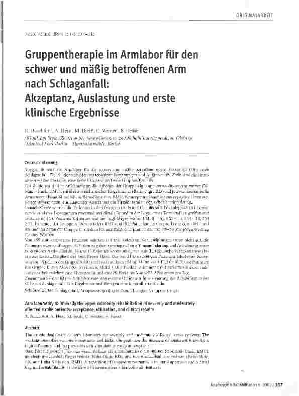 Vorschauseite 1: Gruppentherapie im Armlabor für den schwer und mäßig betroffenen Arm nach Schlaganfall: Akzeptanz, Auslastung und erste klinische Ergebnisse