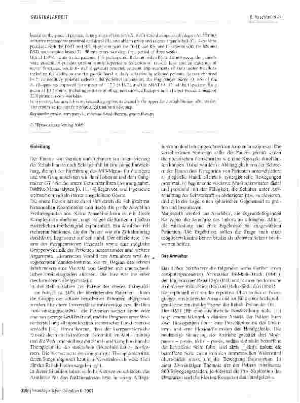 Vorschauseite 2: Gruppentherapie im Armlabor für den schwer und mäßig betroffenen Arm nach Schlaganfall: Akzeptanz, Auslastung und erste klinische Ergebnisse