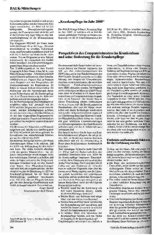 Vorschauseite 1: Perspektiven des Computereinsatzes im Krankenhaus und seine Bedeutung für die Krankenpflege