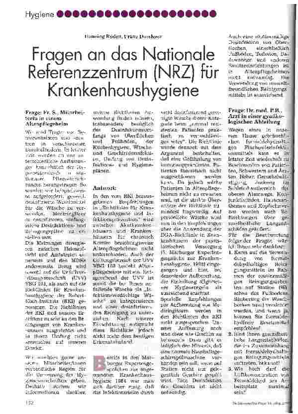 Vorschauseite 1: Fragen an das Nationale Referenzzentrum (NRZ) für Krankenhaushygiene