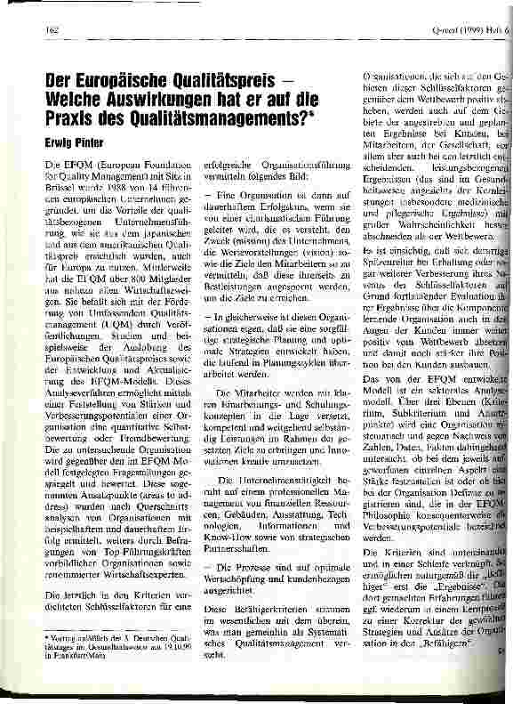 Vorschauseite 1: Der Europäische Qualitätspreis - Welche Auswirkungen hat er auf die Praxis des Qualitätsmanagements?