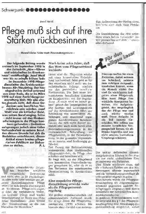 Vorschauseite 1: Pflege muß sich auf ihre Stärken rückbesinnen Menschliche Nähe statt Zuwendungsshow