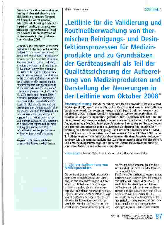 Vorschauseite 1: „Leitlinie für die Validierung und Routineüberwachung von thermischen Reinigungsund Desinfektionsprozessen für Medizinprodukte und zu Grundsätzen der Geräteauswahl als Teil der Qu…