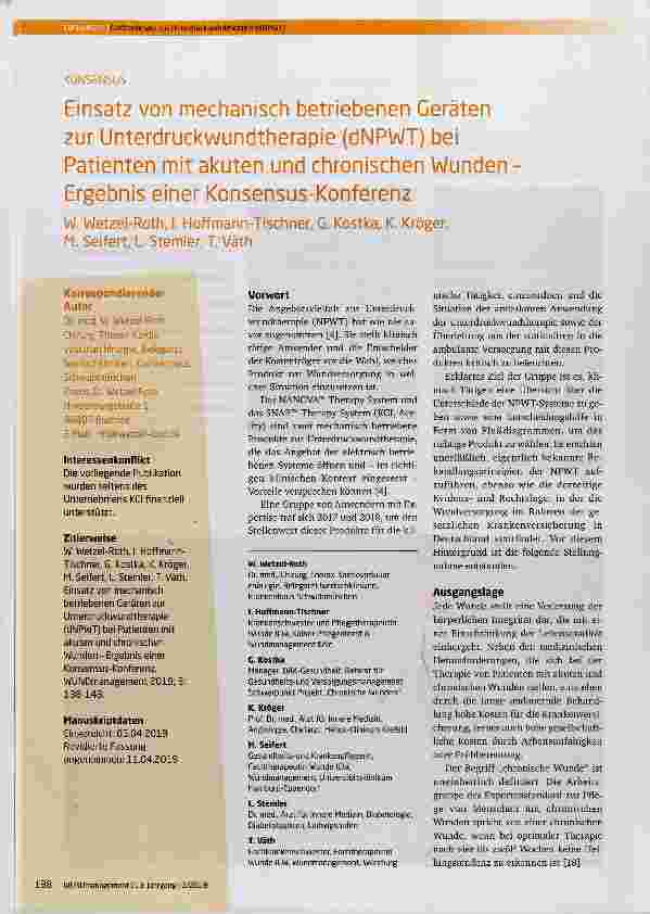 Vorschauseite 1: Einsatz von mechanisch betriebenen Geräten zur Unterdruckwundtherapie (dNPWT) bei Patienten mit akuten und chronischen Wunden Ergebnis einer Konsensus-Konferenz