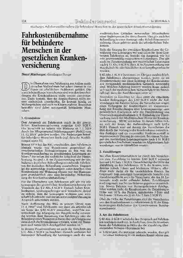 Vorschauseite 1: Fahrkostenübernahme für behinderte Menschen in der gesetzhchen Krankenversicherung