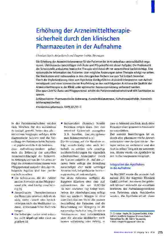 Vorschauseite 1: Erhöhung der Arzneimitteltherapiesicherheit durch den klinischen Pharmazeuten in der Aufnahme