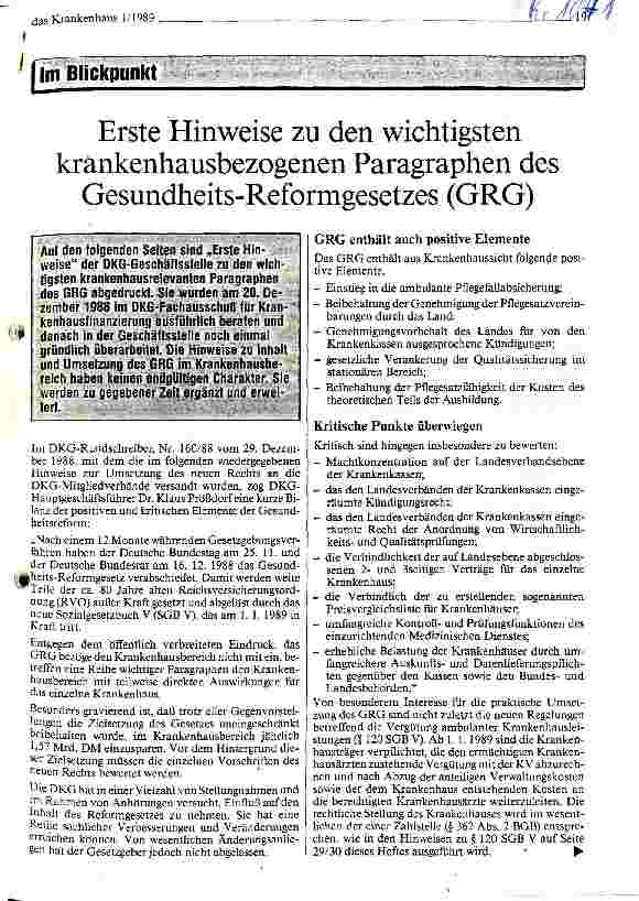 Vorschauseite 1: Erste Hinweise zu den wichtigsten krankenhausbezogenen Paragraphen des Gesundheitsreformgesetzes (GRG)