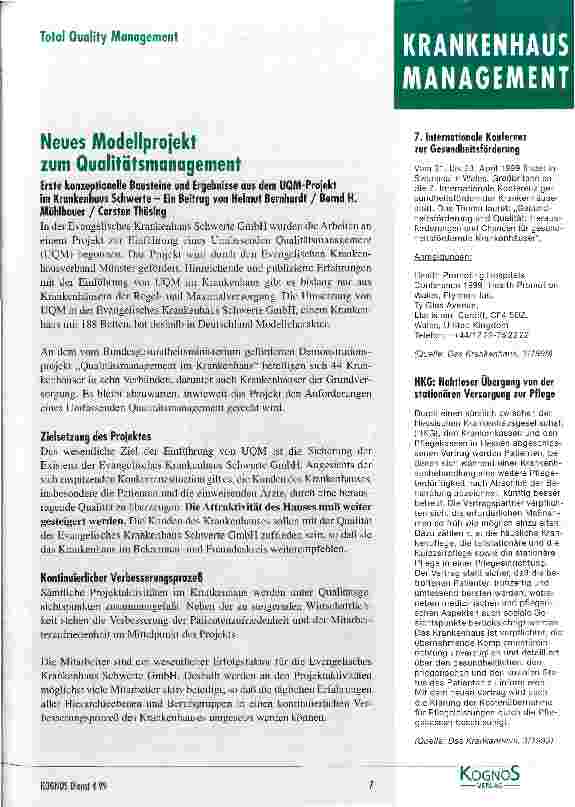 Vorschauseite 1: Neues Modellprojekt zum Qualitätsmanagement Erste konzeptionelle Bausteine und Ergebnisse aus dem UQM-Projekt im Krankenhaus Schwerte