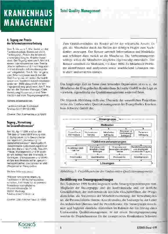 Vorschauseite 2: Neues Modellprojekt zum Qualitätsmanagement Erste konzeptionelle Bausteine und Ergebnisse aus dem UQM-Projekt im Krankenhaus Schwerte