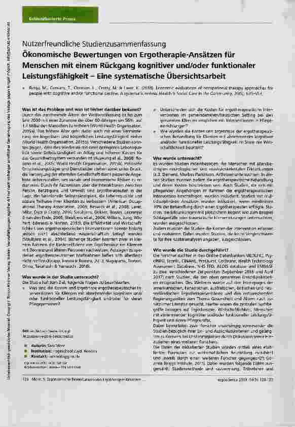 Vorschauseite 1: Nutzerfreundliche Studienzusammenfassung Ökonomische Bewertungen von Ergotherapie-Ansätzen für Menschen mit einem Rückgang kognitiver und/oder funktionaler Leistungsfähigkeit - Ei…