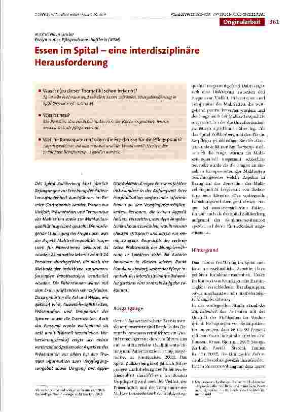 Vorschauseite 1: Essen im Spital - eine interdisziplinäre Herausforderung