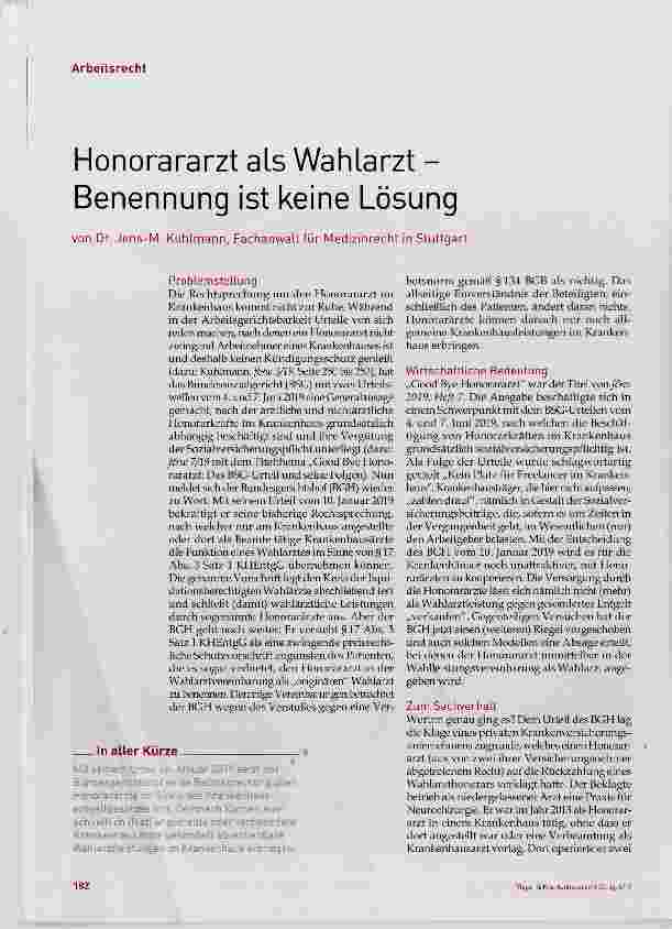 Vorschauseite 1: Honorararzt als Wahlarzt Benennung ist keine Lösung