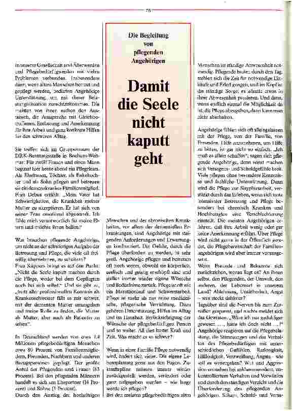 Vorschauseite 1: Damit die Seele nicht kaputt geht Die Begleitung von pflegenden Angehörigen