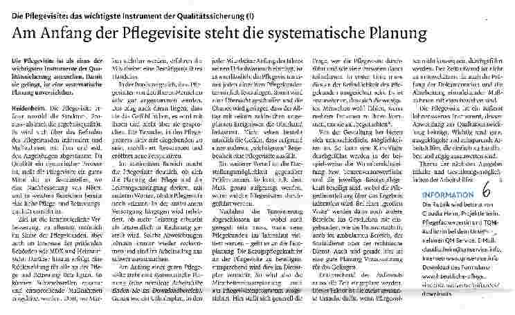 Vorschauseite 1: Die Pflegevisite: das wichtigste Instrument der Qualitätssicherung (I)Am Anfang der Pflegevisite steht die systematische Planung