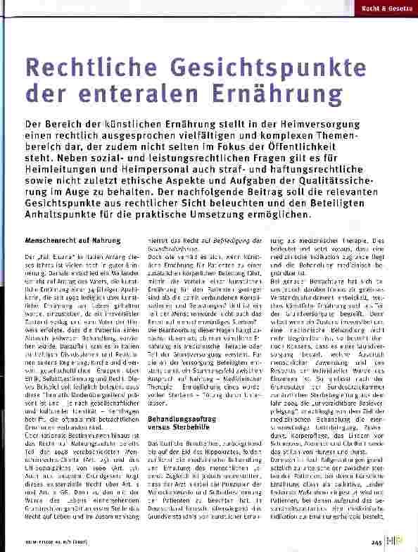 Vorschauseite 1: Rechtliche Gesichtspunkte der enteralen Ernährung
