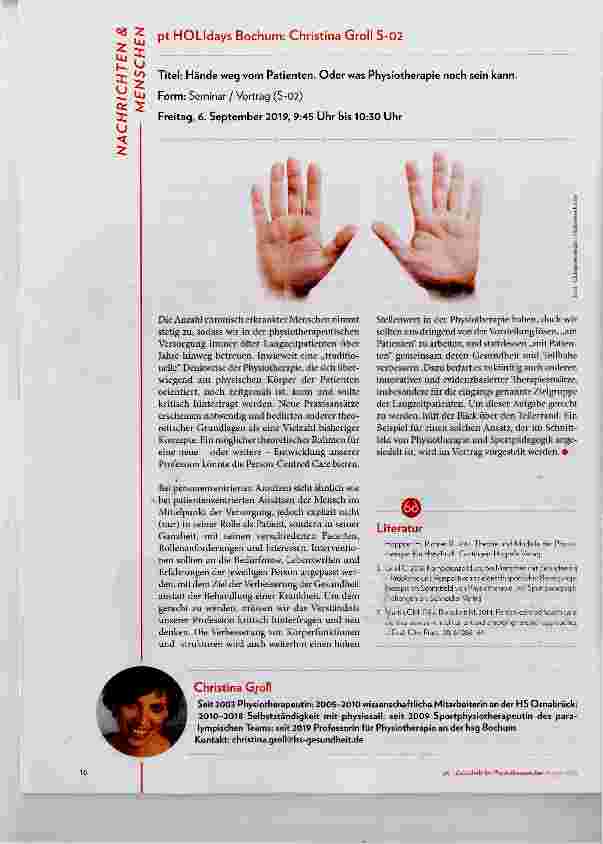 Vorschauseite 1: pt HOLIdays Bochum: Christina Groll S-02 Titel: Hände weg vom Patienten. Oder was Physiotherapie noch sein kann. lAi Form: Seminar / Vortrag (S-02)