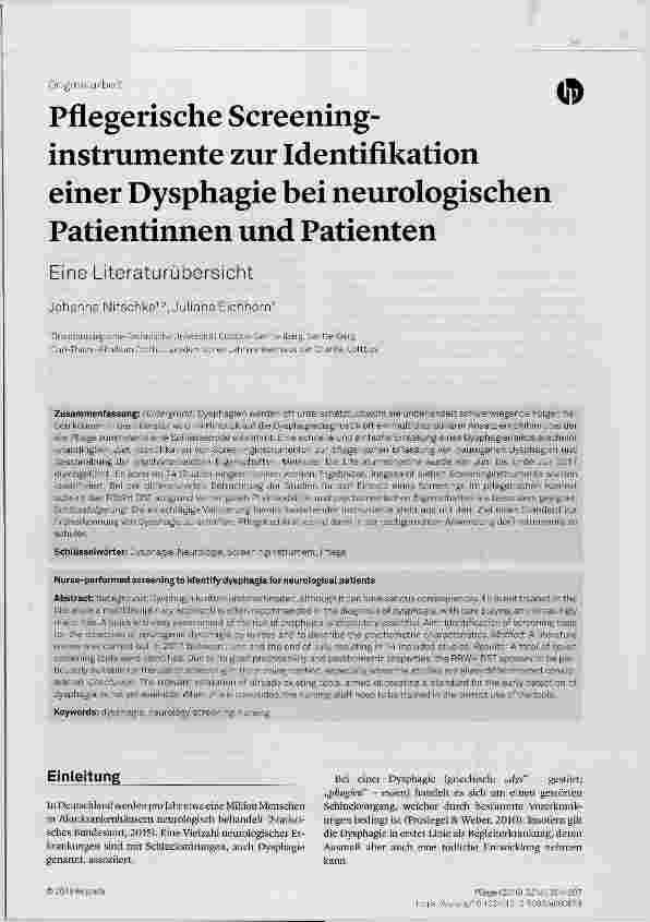 Vorschauseite 1: Pflegerische Screeninginstrumente zur Identifikation einer Dysphagie bei neurologischen Patientinnen und Patienten
