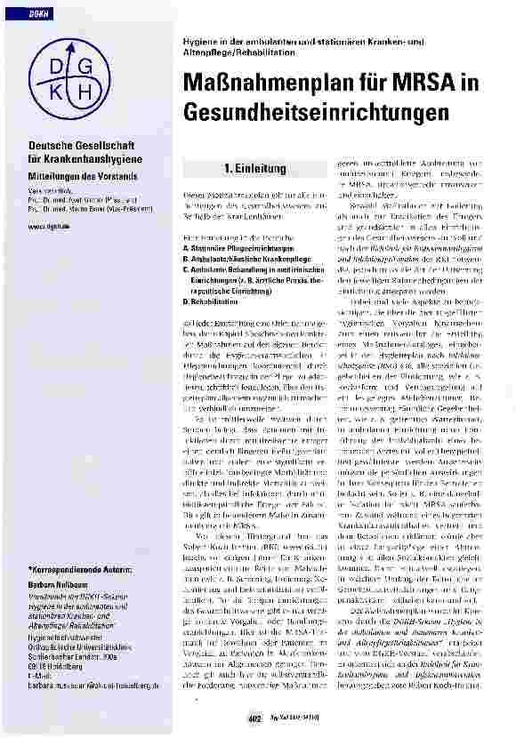 Vorschauseite 1: Maßnahmenplan für MRSA in Gesundheitseinrichtungen