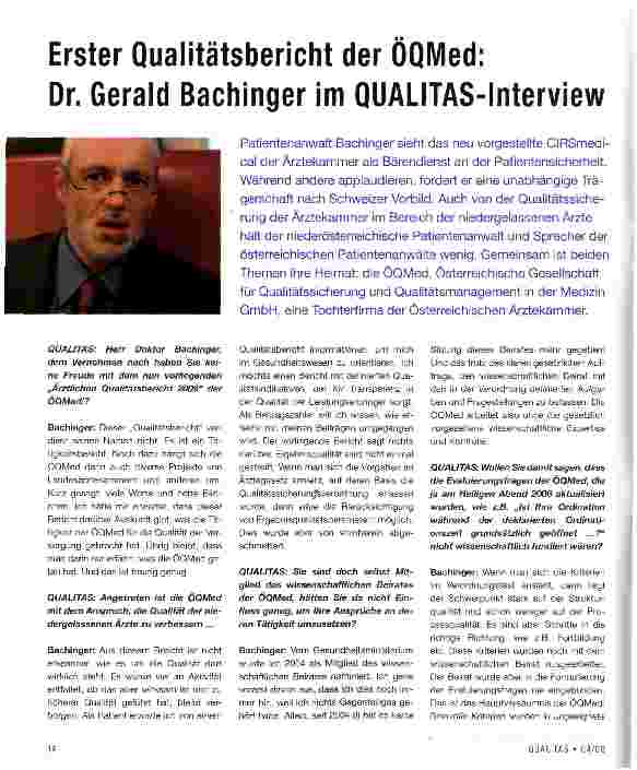 Vorschauseite 1: Erster Qualitätsbericht der ÖQMed:Dr. Gerald Bachinger im QUALITAS-Interview