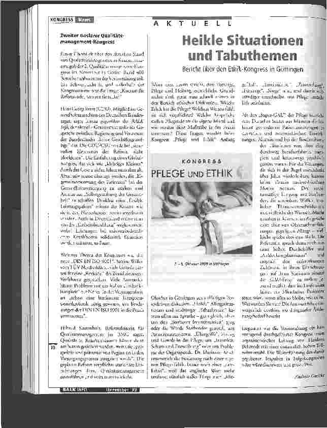 Vorschauseite 1: Heikle Situationen und Tabuthemen Bericht über den Ethik-Kongress in Göttingen
