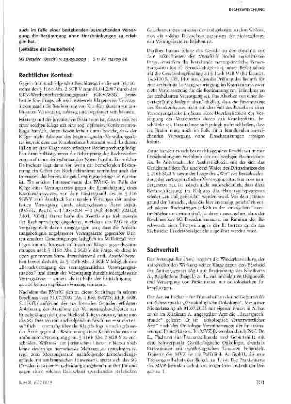 Vorschauseite 2: Zur Anfechtbarkeit der Bestimmung eines Krankenhauses zur ambulanten Behandlung gem. § 116b Abs. 2 SGB V durch einen Vertragsarzt
