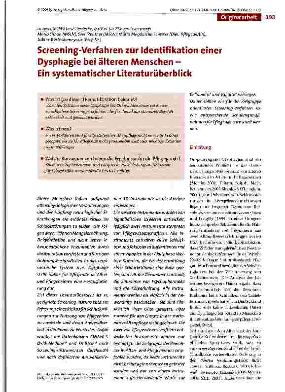 Vorschauseite 1: Screening-Verfahren zur Identifikation einer Dysphagie bei älteren Menschen -Ein systematischer Literaturüberblick