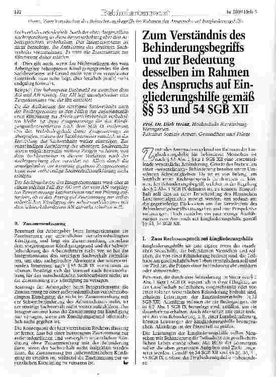 Vorschauseite 1: Zum Verständnis des Behinderungsbegriffs und zur Beoeutung desselben im Rahmen des Anspruchs auf Ein-;liederungshilf e gemäß § 53 und 54 SGB XII