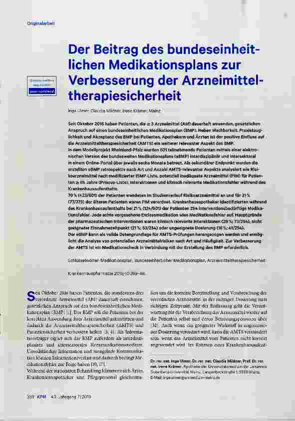 Vorschauseite 1: Der Beitrag des bundeseinheitlichen Medikationsplans zur Verbesserung der Arzneimitteltherapiesicherheit
