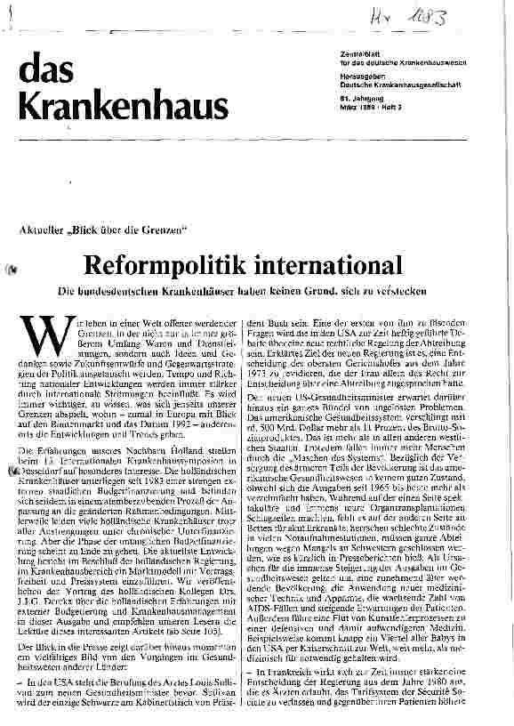 Vorschauseite 1: Aktueller Blick über die Grenzen: Reformpolitik international Die bundesdeutschen Krankenhäuser haben keinen Grund sich zu verstecken