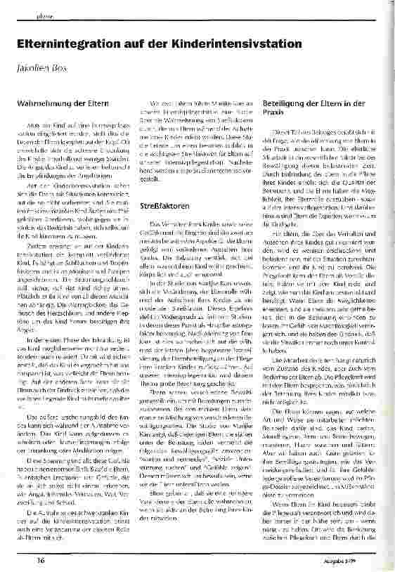 Vorschauseite 1: Elternintegration auf der Kinderintensivstation