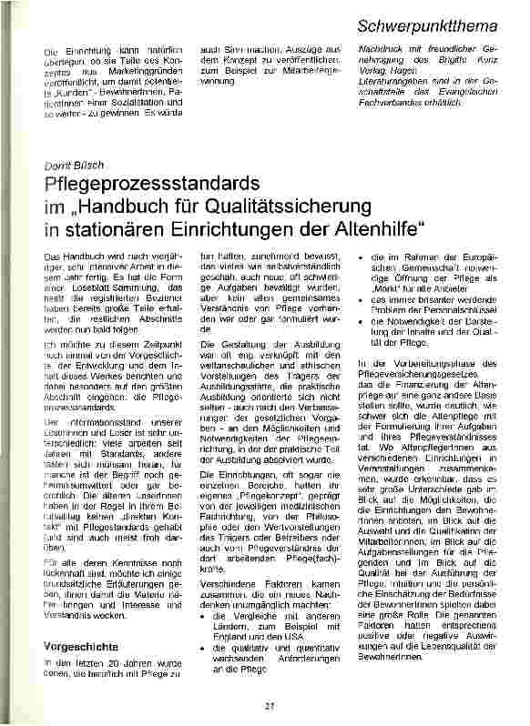 Vorschauseite 1: Pflegeprozessstandards im Handbuch für Qualitätssicherung in stationären Einrichtungen der Altenhilfe