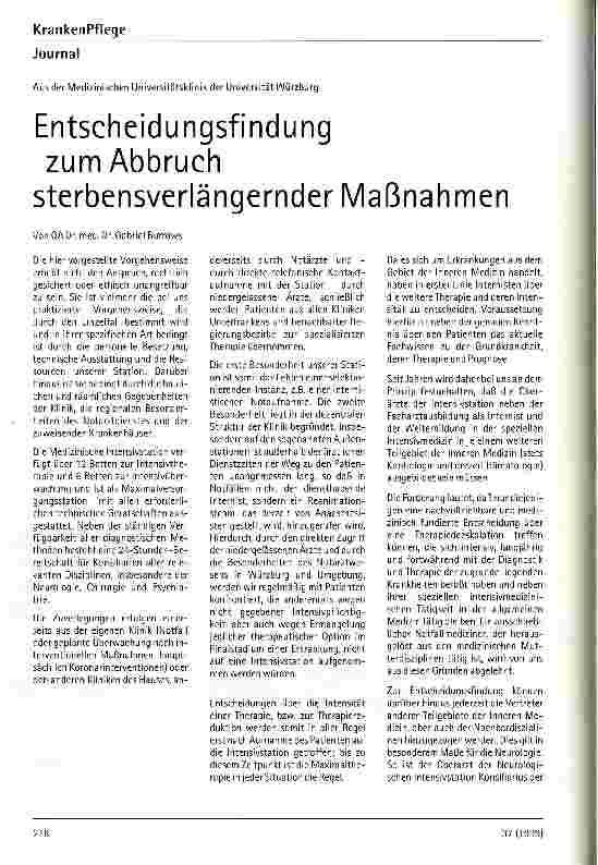Vorschauseite 1: Entscheidungsfindung zum Abbruch sterbensverlängernder Maßnahmen Aus der Medizinischen Universitätsklinik der Universität Würzburg