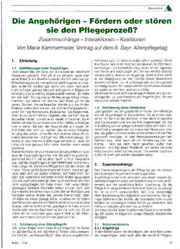 Vorschauseite 1: Die Angehörigen - Fördern oder stören sie den Pflegeprozeß? Zusammenhänge - Interaktionen - Koalitionen