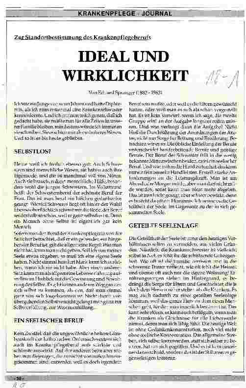 Vorschauseite 1: Zur Standortbestimmung des Krankenpflegeberufes Ideal und Wirklichkeit