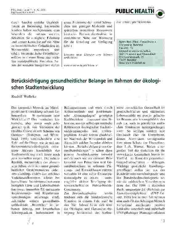 Vorschauseite 1: Berücksichtigung gesundheitlicher Belange im Rahmen der ökologi sehen Stadtentwicklung