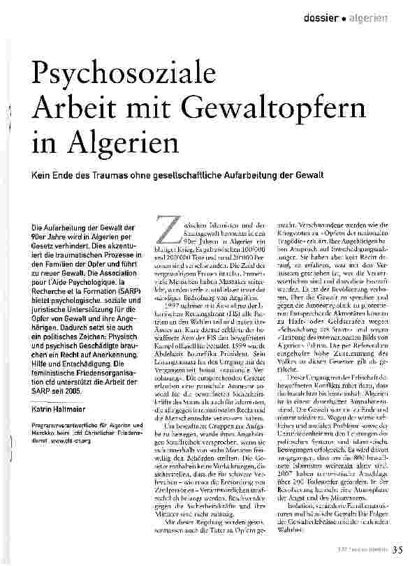 Vorschauseite 1: Psychosoziale Arbeit mit Gewaltopfern in AlgerienKein Ende des Traumas ohne gesellschaftliche Aufarbeitung der Gewalt