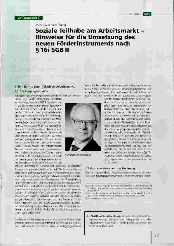 Vorschauseite 1: Soziale Teilhabe am Arbeitsmarkt Hinweise für die Umsetzung des neuen Förderinstruments nach §16i SGB II